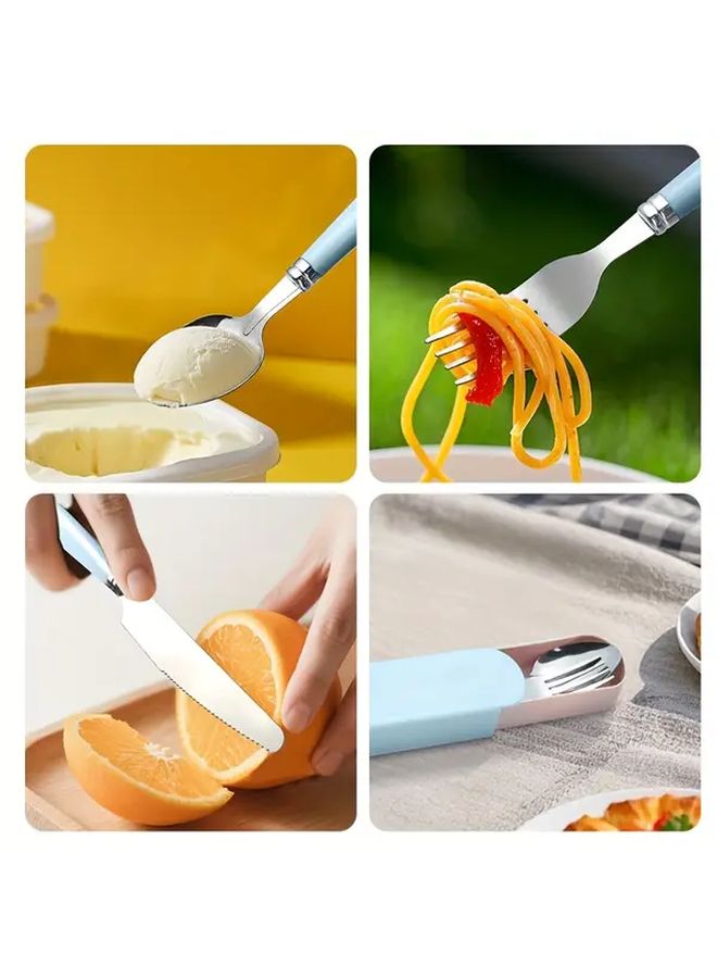 Blue 3 Piece Stainless Steel Utensil Set Portable Fork Spoon Camping Steak Tool - Image 5